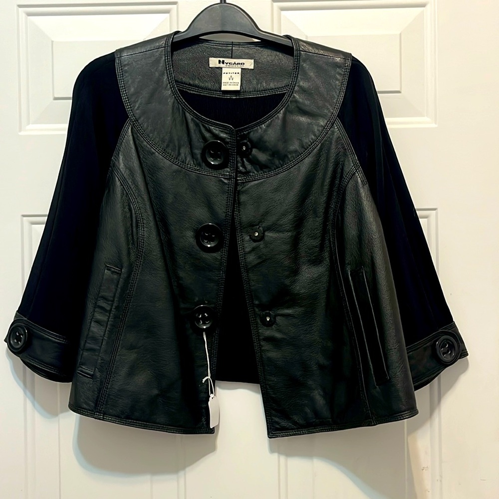 Black leather and knit  crop jacket